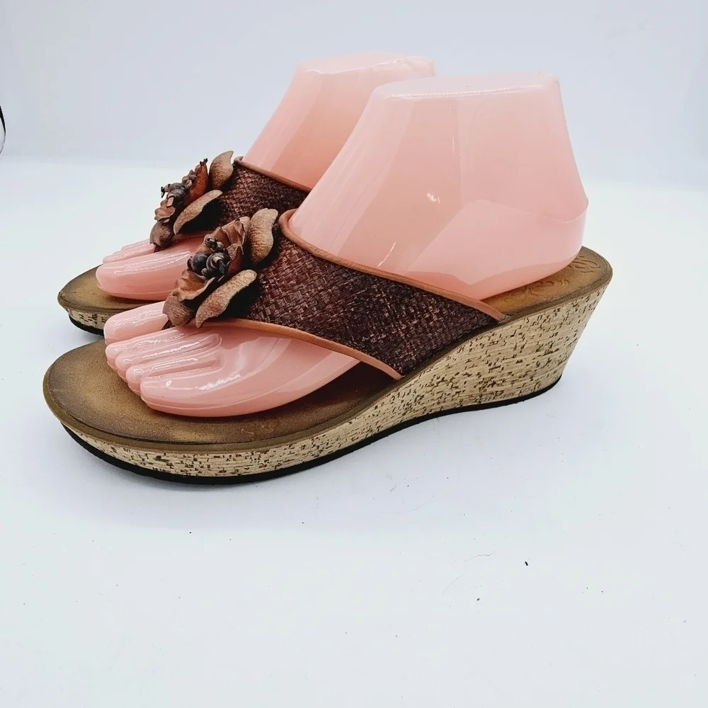 Clarks Brown Raffia Flower Mimmey Claire Cork Wedge Slide Thong Sandals Size 8M